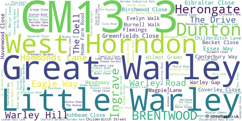 A word cloud for the CM13 3 postcode